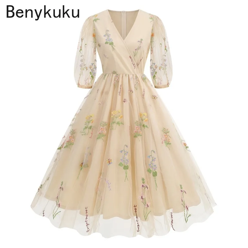 

French Embroidery V-neck Fairycore Princess Sleeve Dress Elegant Summer Women Vintage Cocktail Party Slim-fit Temperament Dress