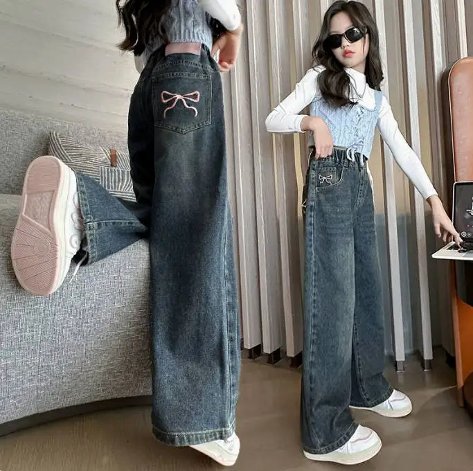 Teen Girls Jeans with Bowknot Embroidery Autumn Winter Casual Fashion Kids Wide Leg Jeans Pants School Children Denim Trousers