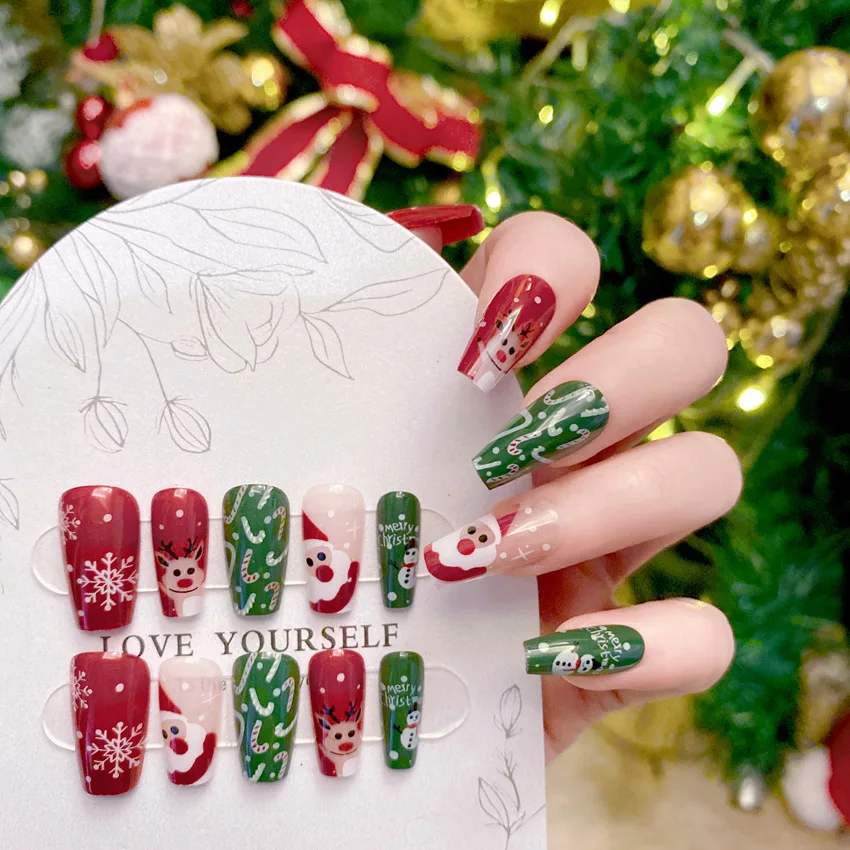 Uñas postizas de dibujos animados de Navidad, uñas postizas de antílope de Navidad, lindo Año Nuevo, invierno, cálido, burgundy, nuevo