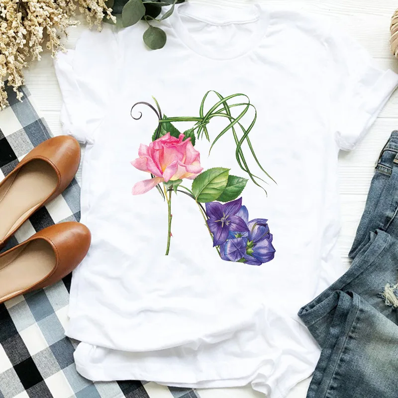 Fashion Clothing of Lady Floral Shoes Print Summer T-shirt ,Drop Ship