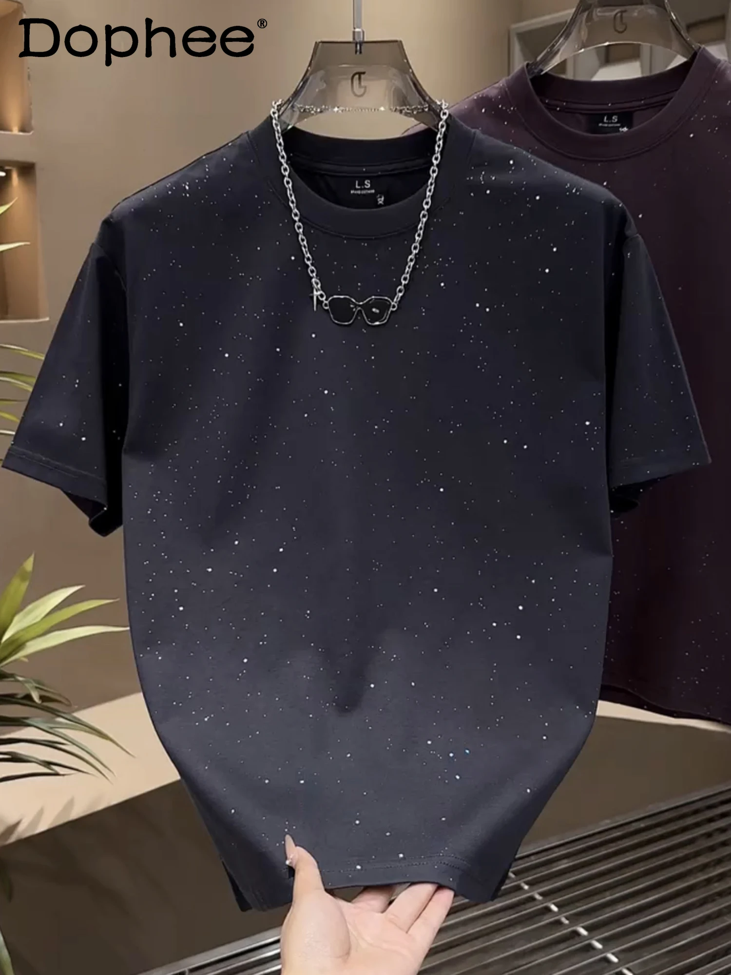 

Fashion Starry Sky Heavy Rhinestone Round Neck Short Sleeve T-Shirt Handsome Men's 2025 Summer Casual Versatile Half Sleeve Top