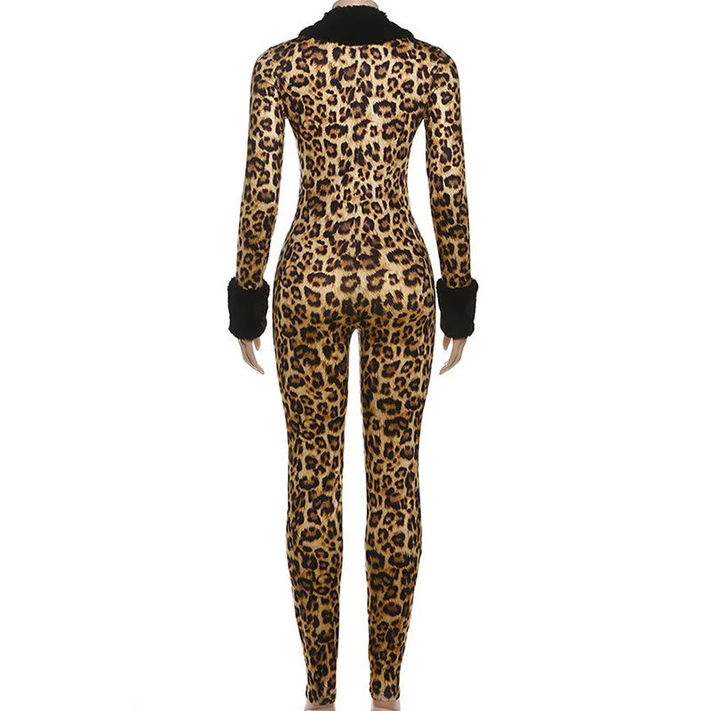 جمبسوت نسائي مثير بطبعة الفهد وياقة فروي مرقعة ورقبة على شكل V وأكمام طويلة وأرداف خوخية ملابس خروج ضيقة ملابس النادي