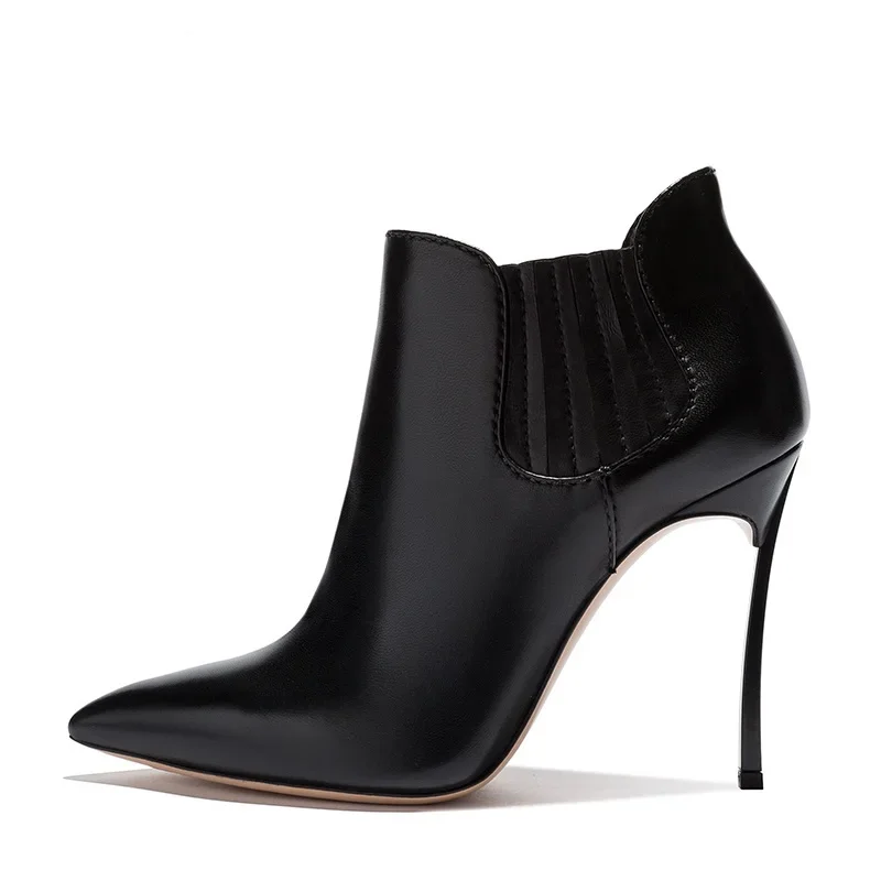 

Black Leather Blade Heels Leather Boots 12/10cm High Heel Boots Sexy Pointed Toe Woman Ankle Boots