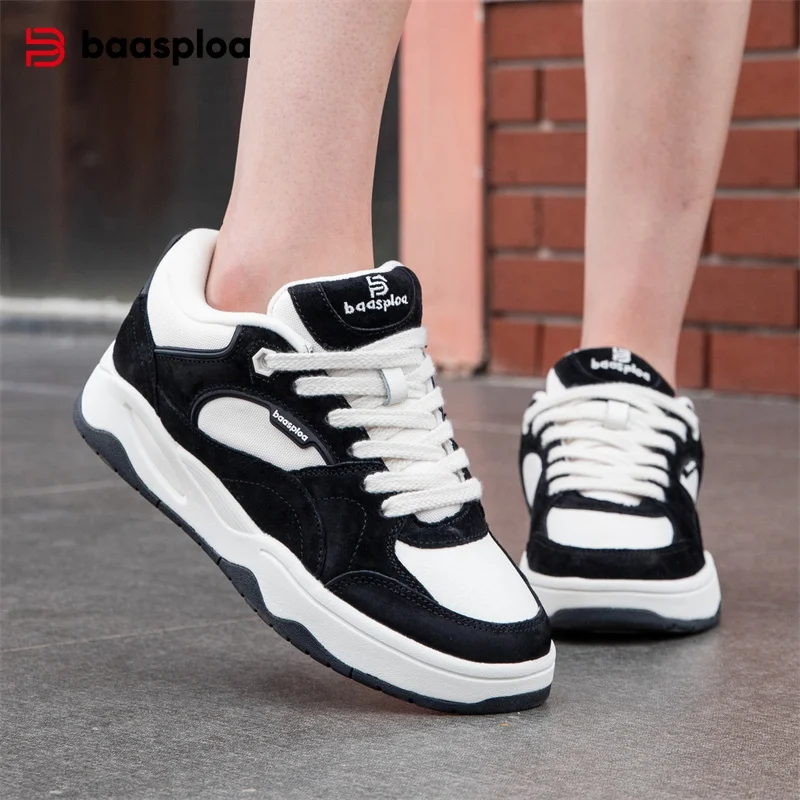 

Baasploa New Women Casual Shoes Lace-Up Leather Skateboarding Shoes for Women Leather Student Sneakers Non-Slip Wear Resistant