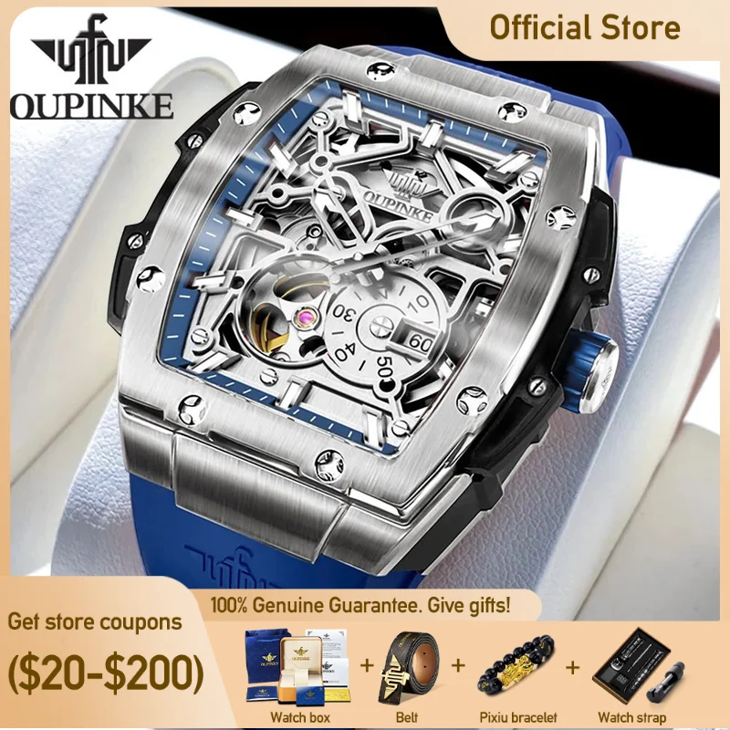 OUPINKE Men\'s Watches Fashion Tonneau Automatic Mechanical Wristwatch Original Hollowing Out Movement Independent Second Dial