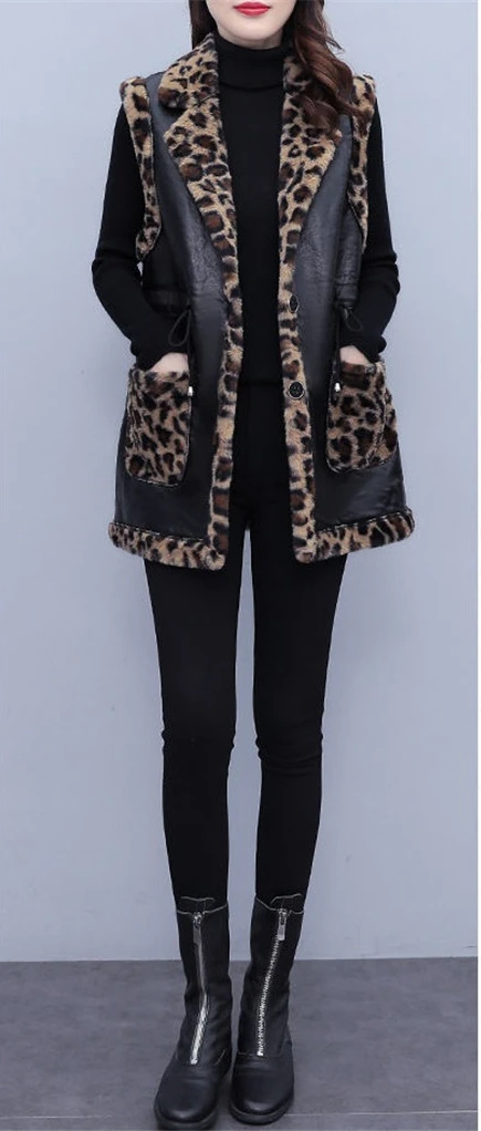 High-End Design Rabbit Plush Leopard Vest Female Autumn Winter Women\'s Leather Waistcoat Jacket Mid-Length Thick Faux Fur Coat