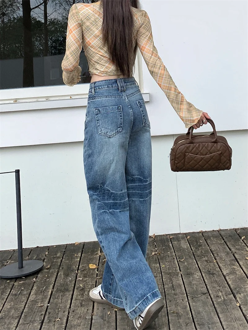 Women Unique Design Split Washed Blue Curved Denim Pants High Waist Hip Cover Slim Drape Wide Leg Floor Length Long Trousers