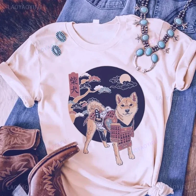 Shiba Inu Shirt Dog Lover Animal Print Pattern Puppy T-shirt Retro Style Unisex Round Collar Tops Old School Style Cotton Tees