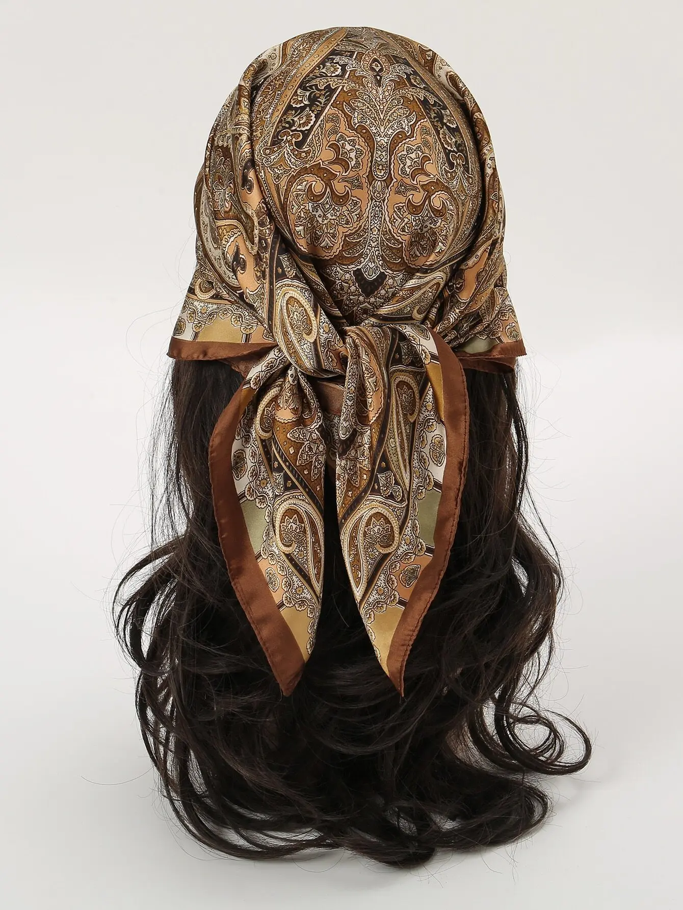 

Luxury Satin Paisley Headwrap | Brown & Gold Patterned Scarf for Hair Styling, Neck Scarf, or Bag Accessory for Everyday &