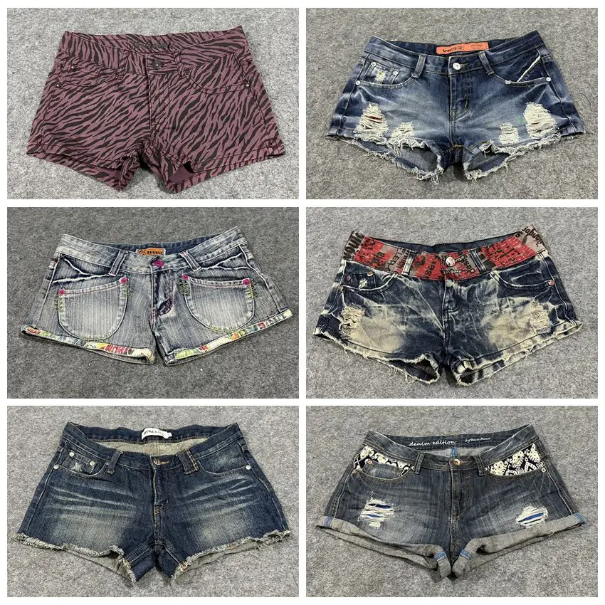 

Vintage Distred Low Waist Millennium Gothic Skull Wave Pattern Hole Punching ort Jeans orts Thi Denim Summer orts