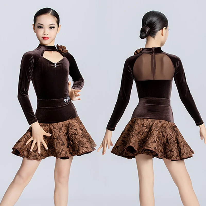 

Long Sleeve Velvet Latin Dance Competition Dress Brown Bodysuit Skirt Tango ChaCha Performance Wear Rumba Dance Clothes VDB7660