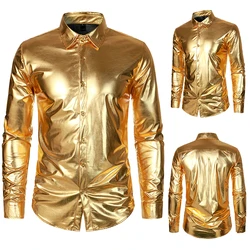 Men's Metallic Shiny Shirts Disco Party Mens Dress Clothing for Male Printed Long Sleeve T-shirt  Y2k