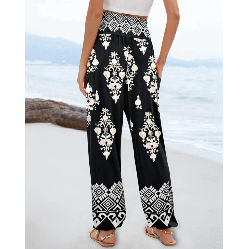 Women Fashion Streetwear Baggy Pants Shirring High Waist Pants Vintage Floral Print Cuffed Pants Casual Work Out Pants