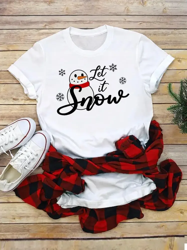 Christmas Tee T Shirt Clothing Women Top New Year Female Plaid Tree Lovely Style Trend Clothes Fashion Printed Graphic T-shirts