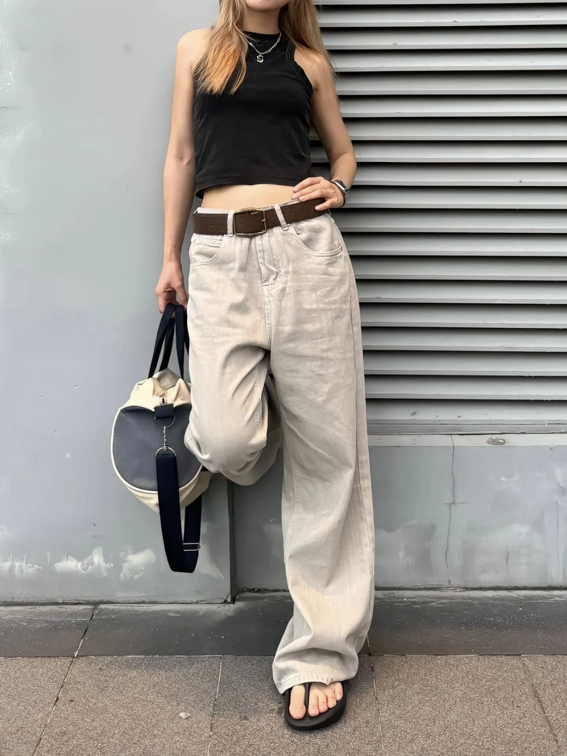 

TheLike Autumn Winter Loose Straight Leg Light Beige Waed Jeans Versatile Casual Trousers Low Waist Zipper Fly Long Pants