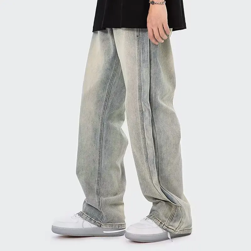 

Мужские летние винтажные свободные широкие прямые джинсы из потертого денима в европейском и американском стиле, универсальные повседневные длинные брюки