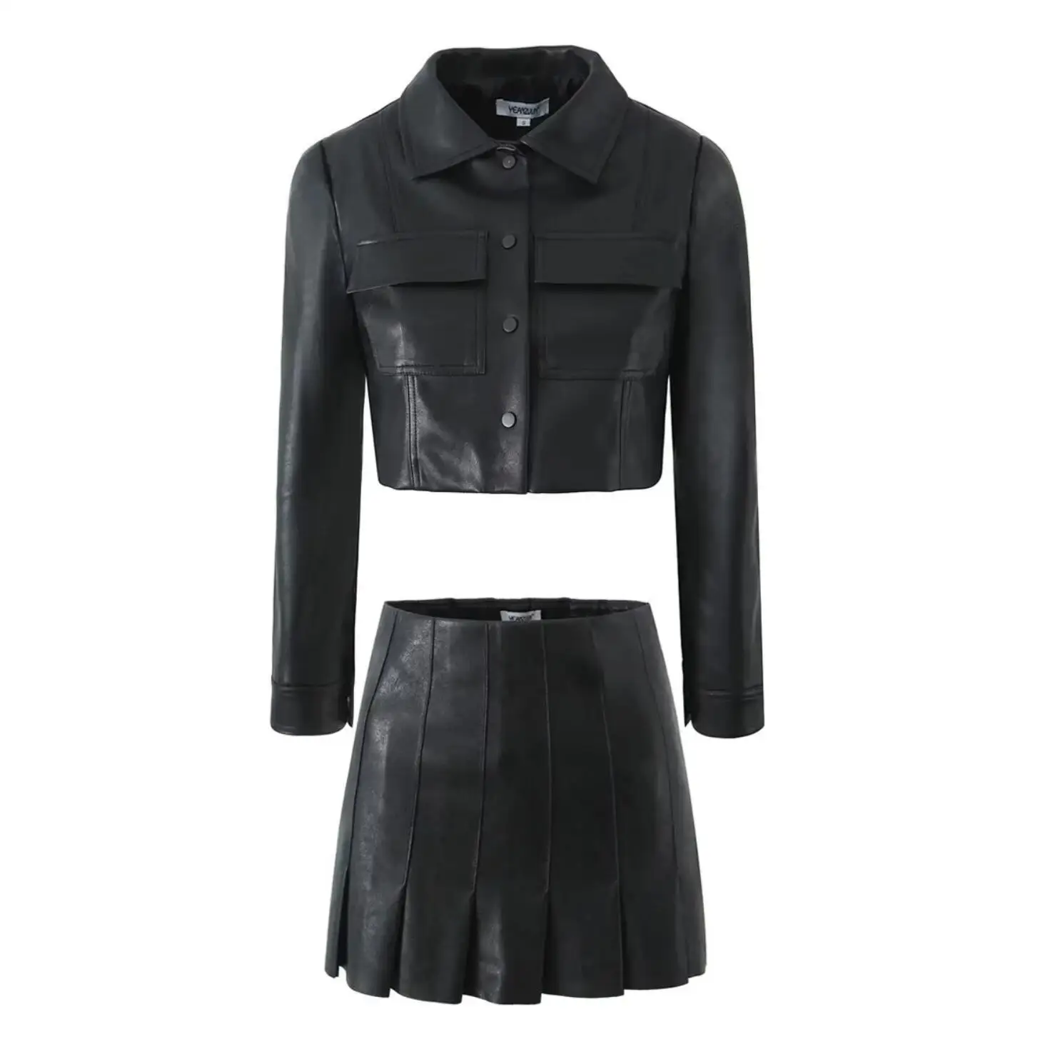 Veste courte en similicuir pour femme, ensemble assressenti, sexy, revers, double poches, taille haute, mini jupe plissée, noir