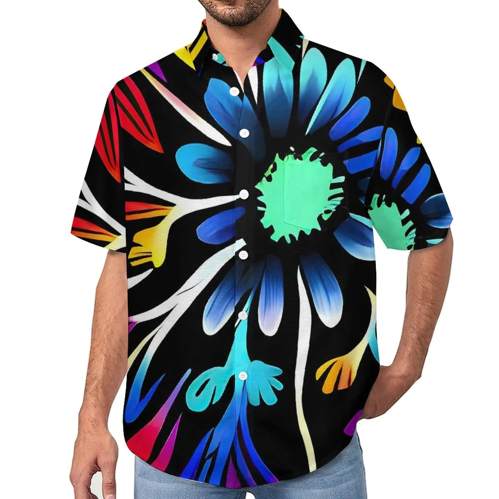 

Floral Hawaiian Casual Shirts Colorful Flower Vacation Shirt Hawaiian Vintage Blouses Male Graphic Plus Size 3XL 4XL