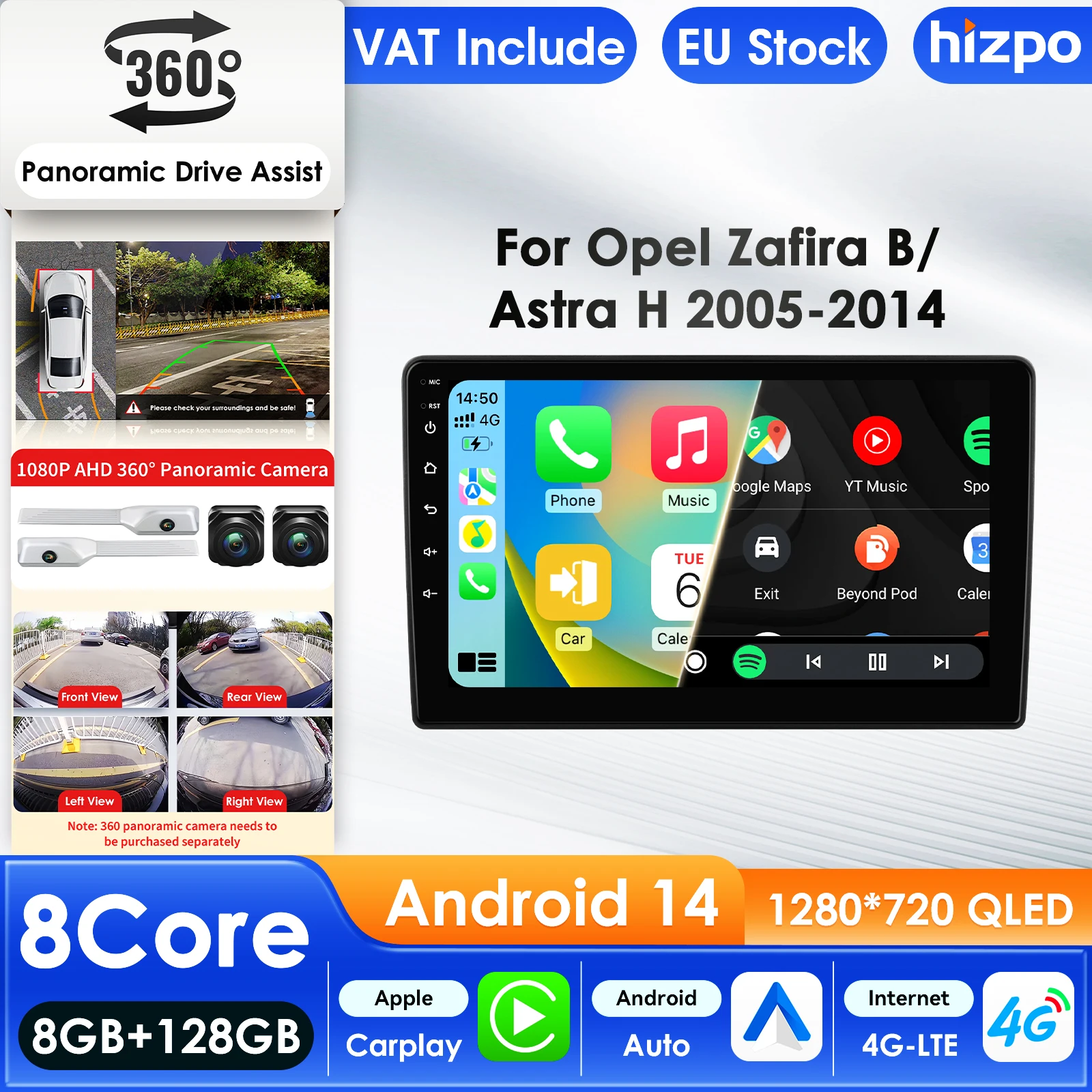 Hizpo Carplay 4G 7862 AI Systeme Android 14 Autoradio für Opel Astra H 2004-2014 Zafira B Multimedia Video Player GPS Autoradio