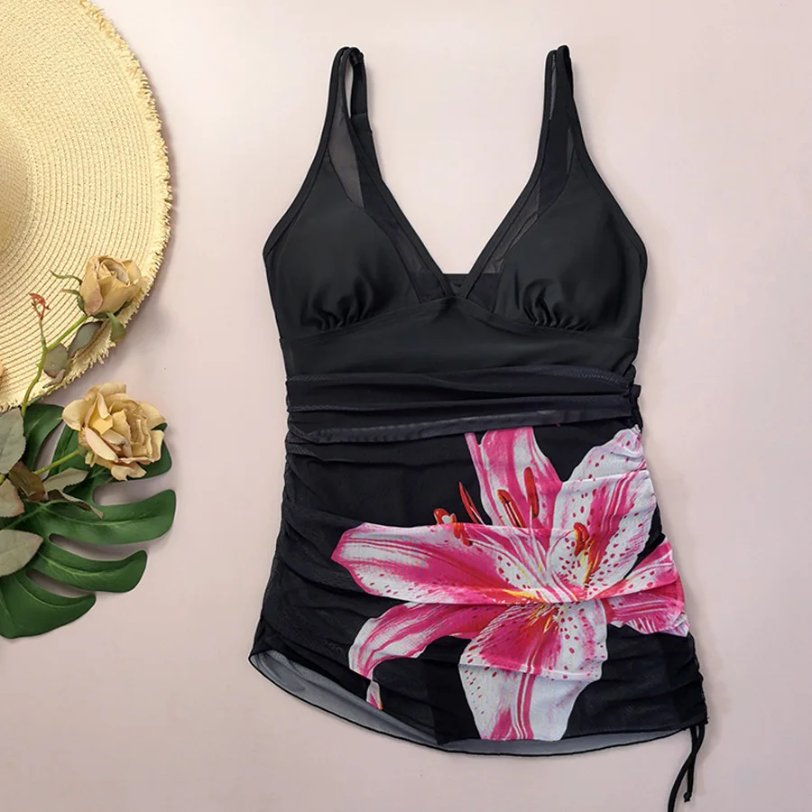 

sexy fake two pieces flower print swimsuits one piece mesh drawstring bikinis swimwear bodysuits women biquini bathing suits