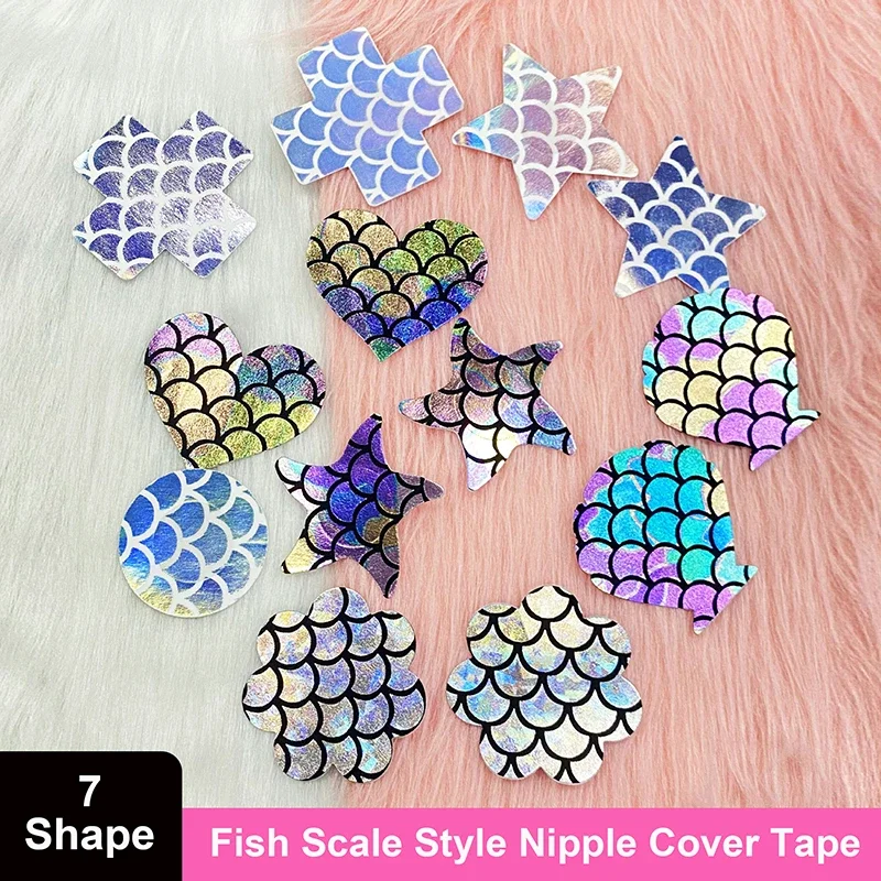 7 Shape OY Laser Fish Scale Print Disposable Invisible Nipple Cover Tape Overlays on Bra Nipple Pasties Stickers for Women Girls