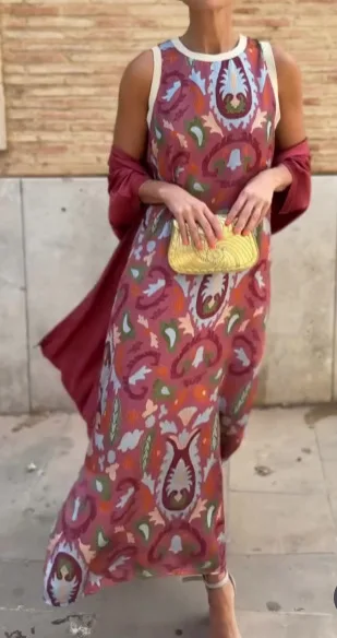 

Elegant Boho Print Two Piece Set Casual O-Neck Sleeveless A-line Long Dress Solid Color Loose Extended Coat Set For Women