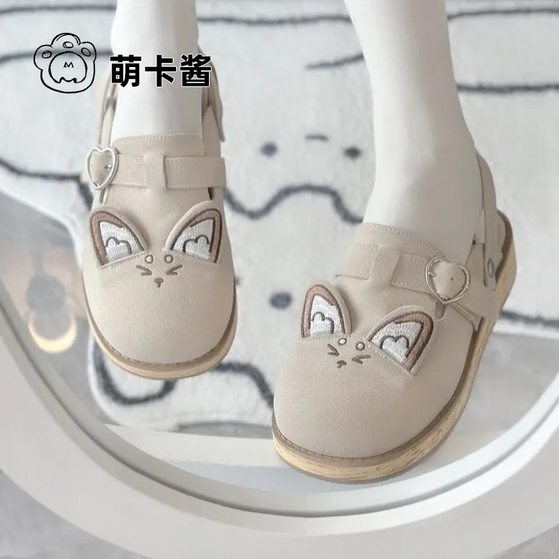 

Cute Fox Embroidery Lolita Flat Sandals Slip-on Backless Loafers For Women Sizes 34-40