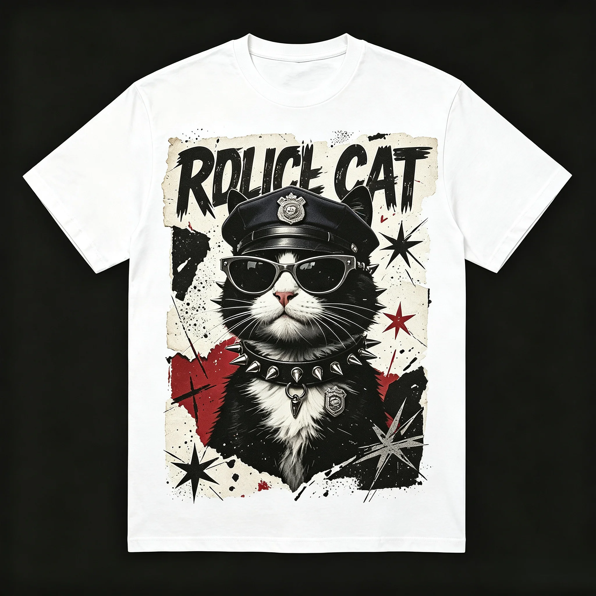 Unisex Men Women Oversized T‑Shirt Police Cat Retro Grunge Poster Print Tuxedo Cat With Police Hat Sunglasses Spiked Collar Street Art Tees Casual Loose Short‑Sleeve Streetwear Cotton Tshirt