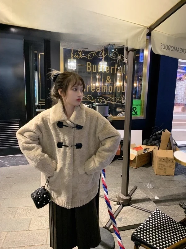 

Thiened Lamb Fur Collar Cotton Jaet Cute Winter Coat Korean Sle Small Size Fluffy Coat for Women Commute Sle Loose Fit