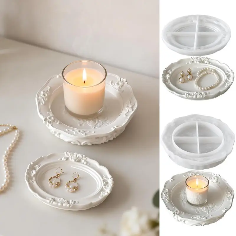 Vintage Lace Relief Tray Silicone Mold DIY Gypsum Resin Storage Dish Mould Round Oval Craft Making Tool 1Pcs