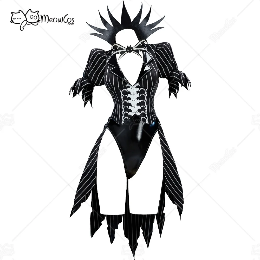 

MEOWCOS Women's Halloween Sexy Bunny Girl Suit Black White Striped Irregular Bodysuit with Sleeves and Socks Cosplay Costumes