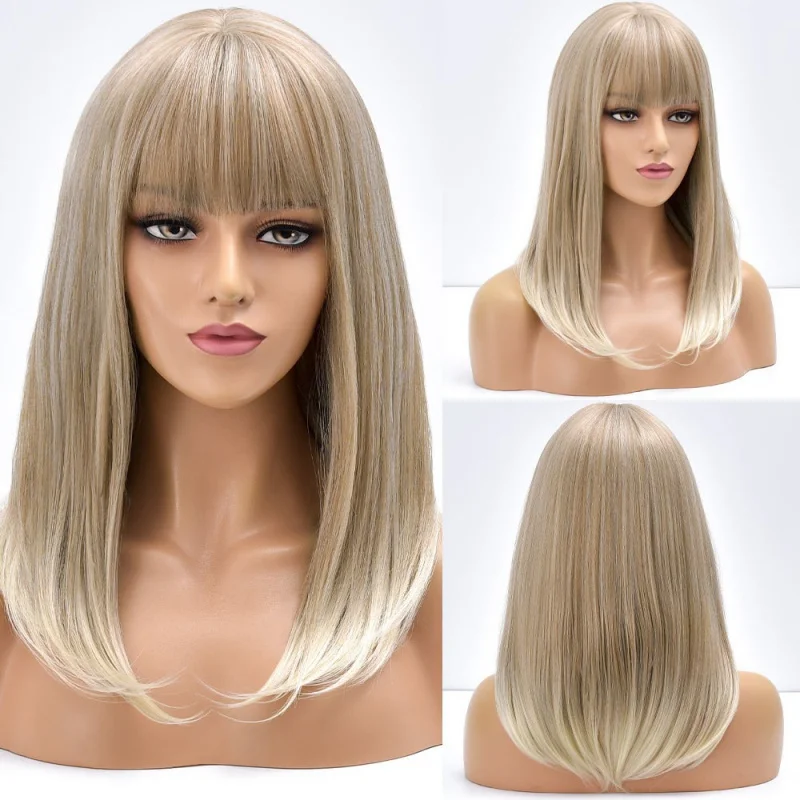

Straight Heat Resistant Synthetic Hair Highlight blonde Costume Wigs With Bangs