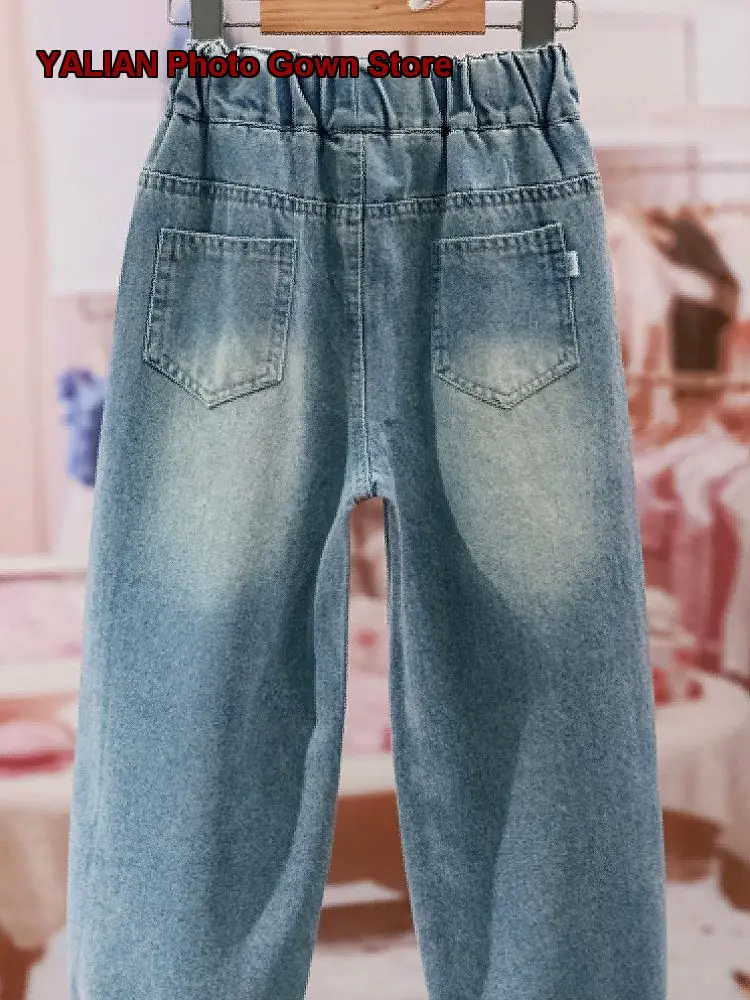 Girls Denim Wide Leg Pants Kids Spring Autumn Fashionable Geometric Pattern Older Kids