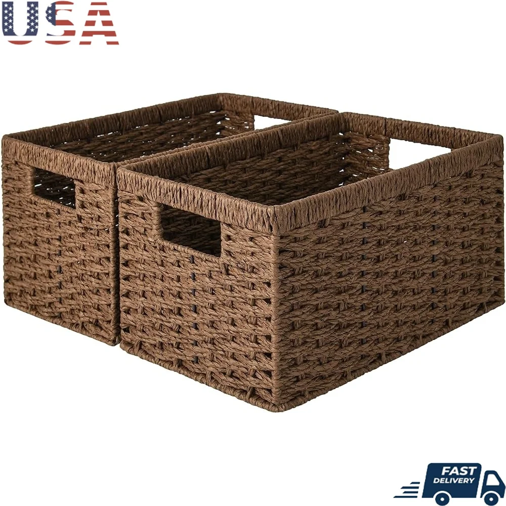 

Round Paper Rope Storage Baskets Woven Rectangular Bins with Built-in Handles Home Organization and Clutter-Free Spaces 2-Pack