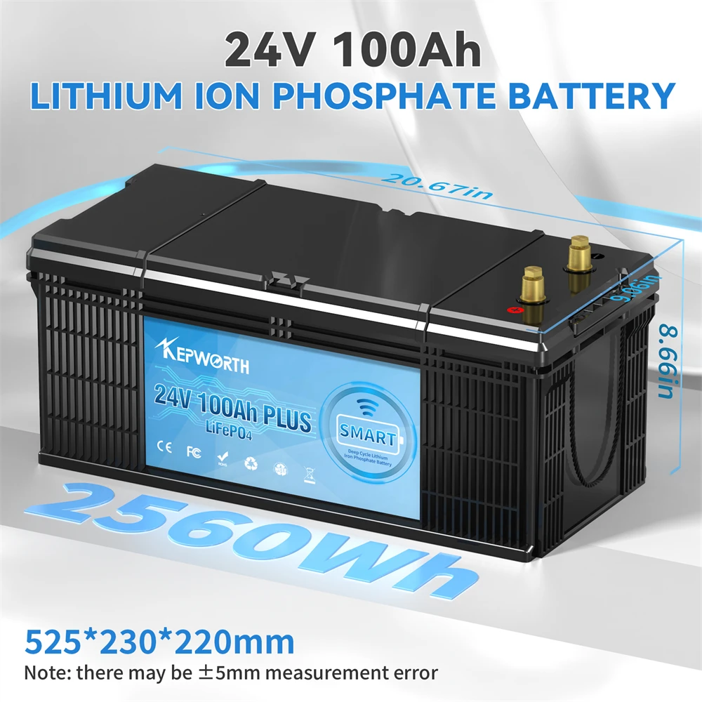 KEPWORTH 24V 100Ah LiFePO4 Batería incorporada Bluetooth BMS 2560WH perfecta para RV Solar Marine Overland Aplicación fuera de la red