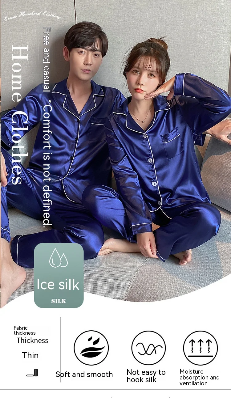 Couple New Pajamas Ladies Artificial Silk Thin Men\'s Lapels Long Sleeves Trousers Spring Autumn Summer Loungewear Ice Valentine\'