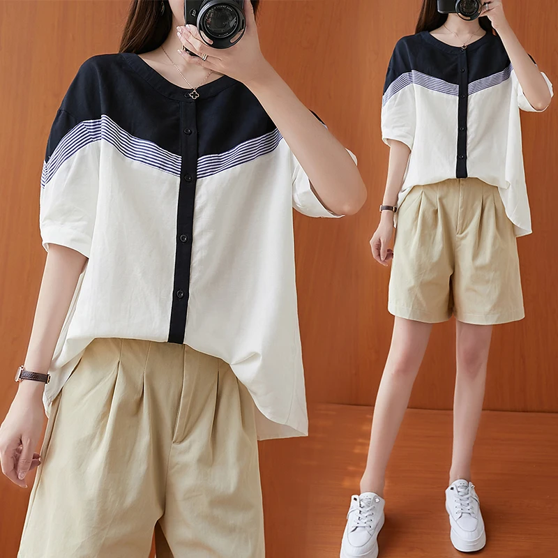 

Летний повседневный топ свободного кроя из льна в корейском стиле, с контрастными цветами, больших размеров, для женщин