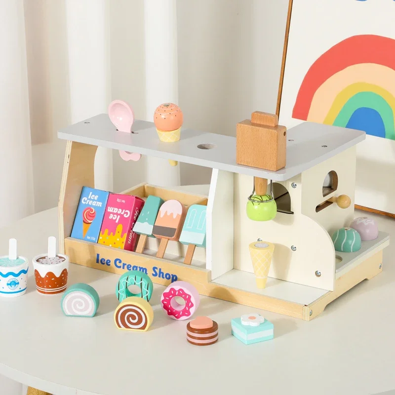 Girls Toy Wood Thiy House Ice Cream Shop Miniature Food Dollhouse Accessories Magnetic Block Montessori Enough Board Games Gift