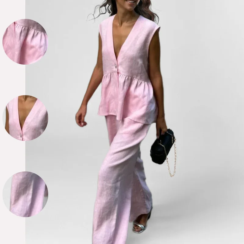 

2026 New Spring Women's Office V Neck Solid Color Pants Set