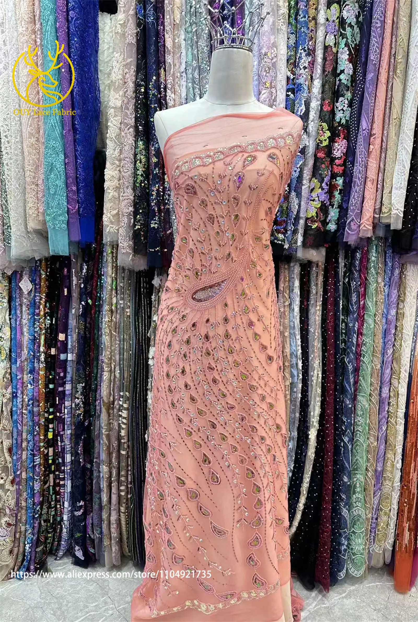 Teakrot Eleganter Afrikanischer Luxus-Spitzenstoff 2026 Luxuriöser Nigerianischer Französischer Perlen-Pailletten-Spitzenstoff für Hochzeitskleider – Detail 21