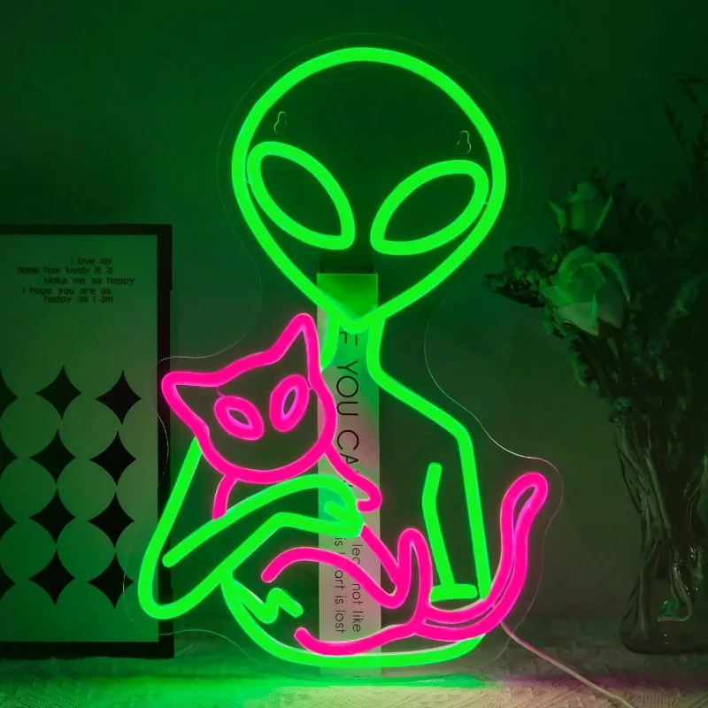 Alien NeonSign for Wall Decor Dimmable Aliens Cat Led Lights Signsfor BedroomGreen Neon Light for Party Decoration Gift for Boys