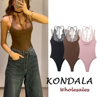 KONDALA 2026 Body Sexy Rosa para Mujer, para Fiesta Nocturna, con Encaje y Parches, sin Mangas, Estilo Urbano, Ajustado, a la Moda
