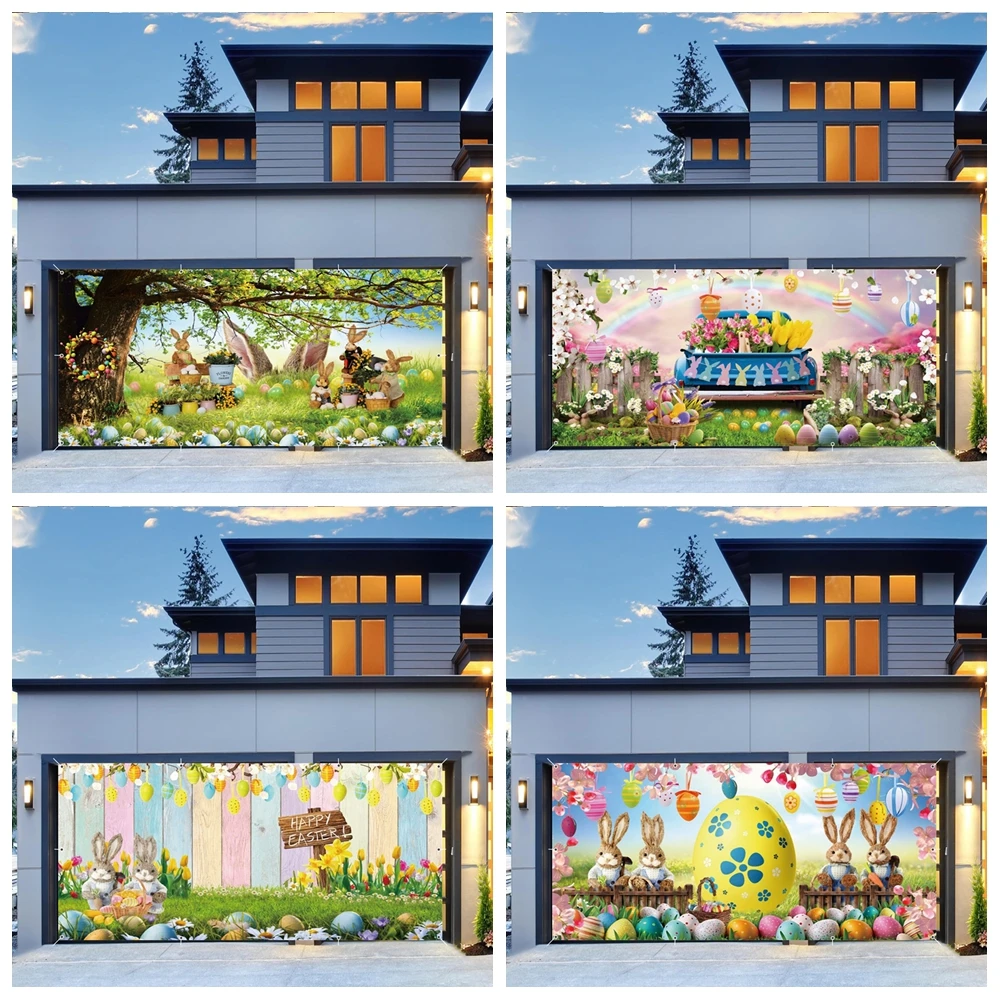 عيد الفصح باب المرآب الديكور سعيد عيد الفصح غطاء باب المرآب كبير أرنب عيد الفصح البيض الربيع زهرة في الهواء الطلق ديكور الحفلات الخلفية