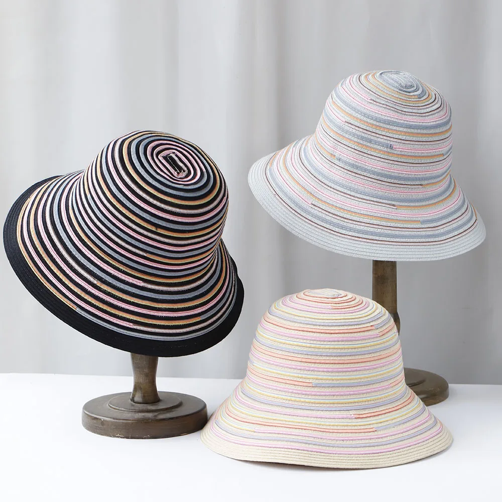 2025 Rainbow stripes Hat Summer Women Visor Bucket Hat Fisherman Hat Hand weaving Panama Girl Fishing Chapeau Sun Hats tool