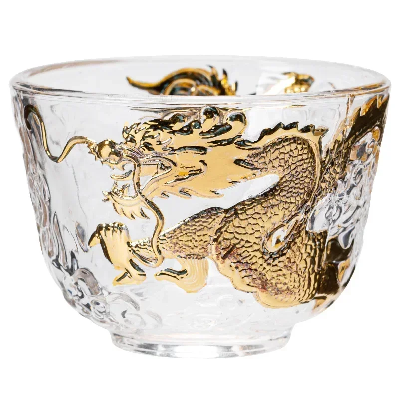 Chinese Golden Dragon Auspicious Cloud Teacup Gold Painted Master Cup Crystal Transparent Glass Zen Kung Fu Tea Bowl