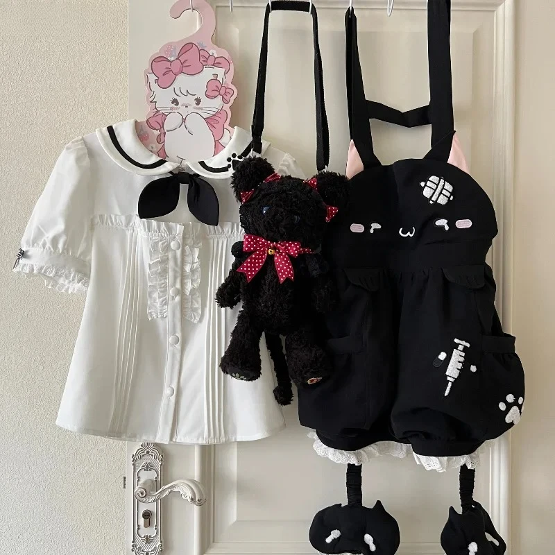

Y2k Lolita Style Overalls Shorts Set Women 2025 Suit Blouse Shorts Sweet Sailor Collar White Shirt Cartoon Cat Rompers dr3d