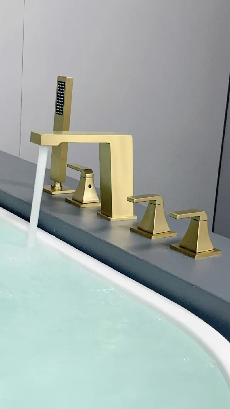 Luxury Brass Bathtub shower faucet set 5 holes Hot cold water mixer Bathtub Faucet High Quality Copper Bathroom shower set,Gold