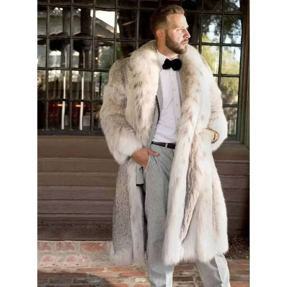 New Men's Faux Long Bobcat Leopard Print Comfortable Thick Warm High Quality Faux Fur Coat