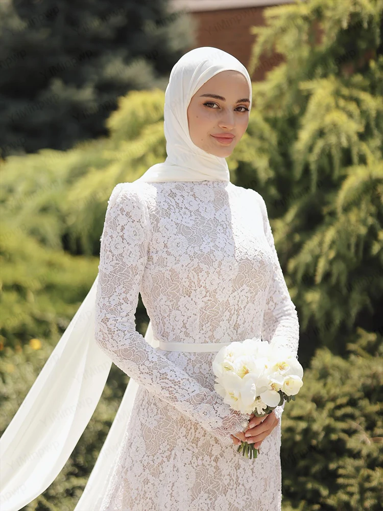 Muslim Lace Weddings Dresses with High Neck Long Sleeves Mermaid Hijab Brides Dress Elegant Islam Garden Bridal Gown Customized
