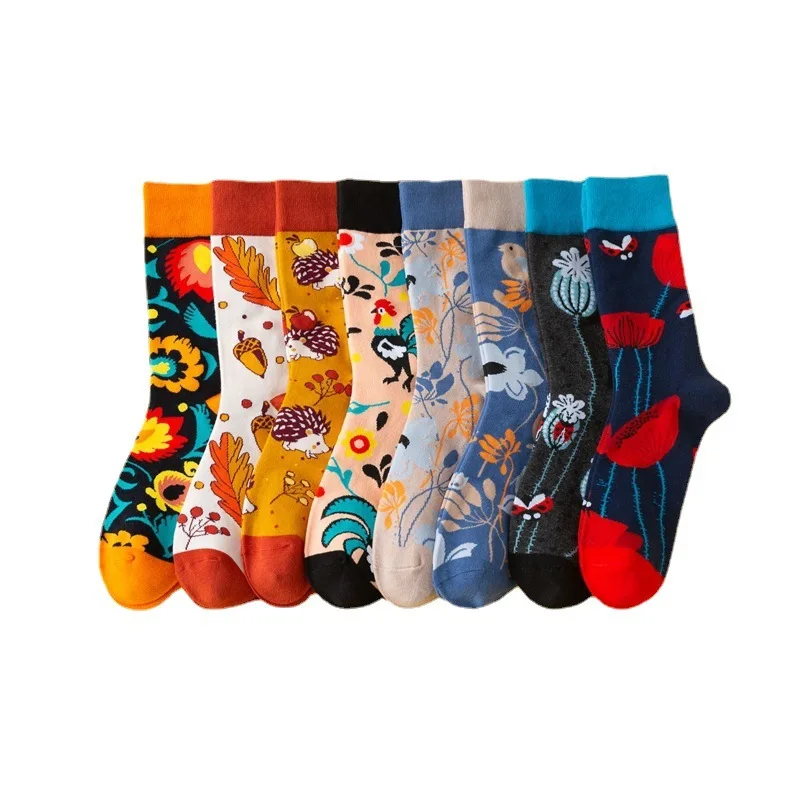 New AB feet flower and bird pattern mid-tube casual socks men\'s trendy socks plus size socks